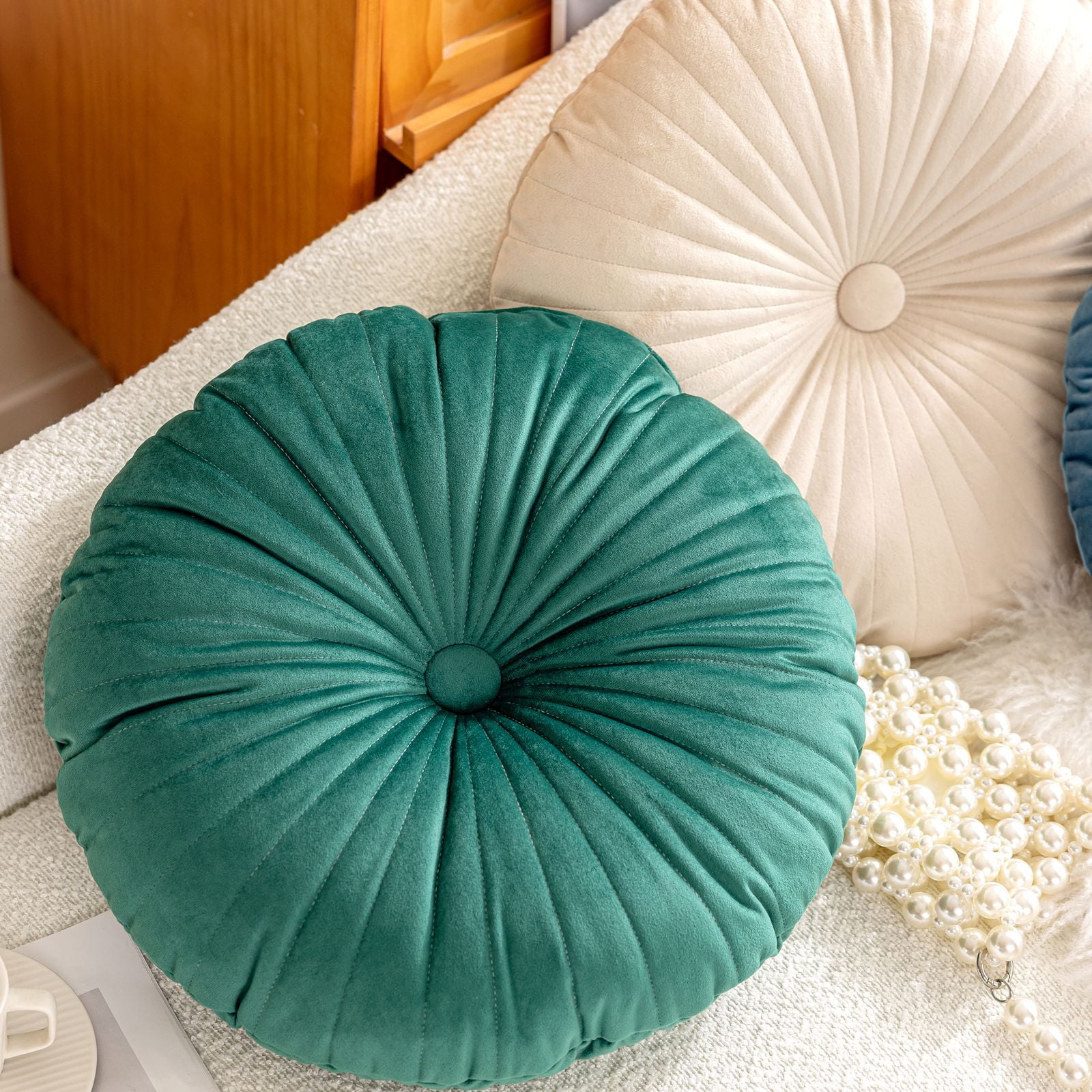 18 Inch Velvet Round Throw Pillow Pleated Meditation Floor Pillow Cushion Decoration Large Pillows Seating for Couch Chair Yoga Living Room