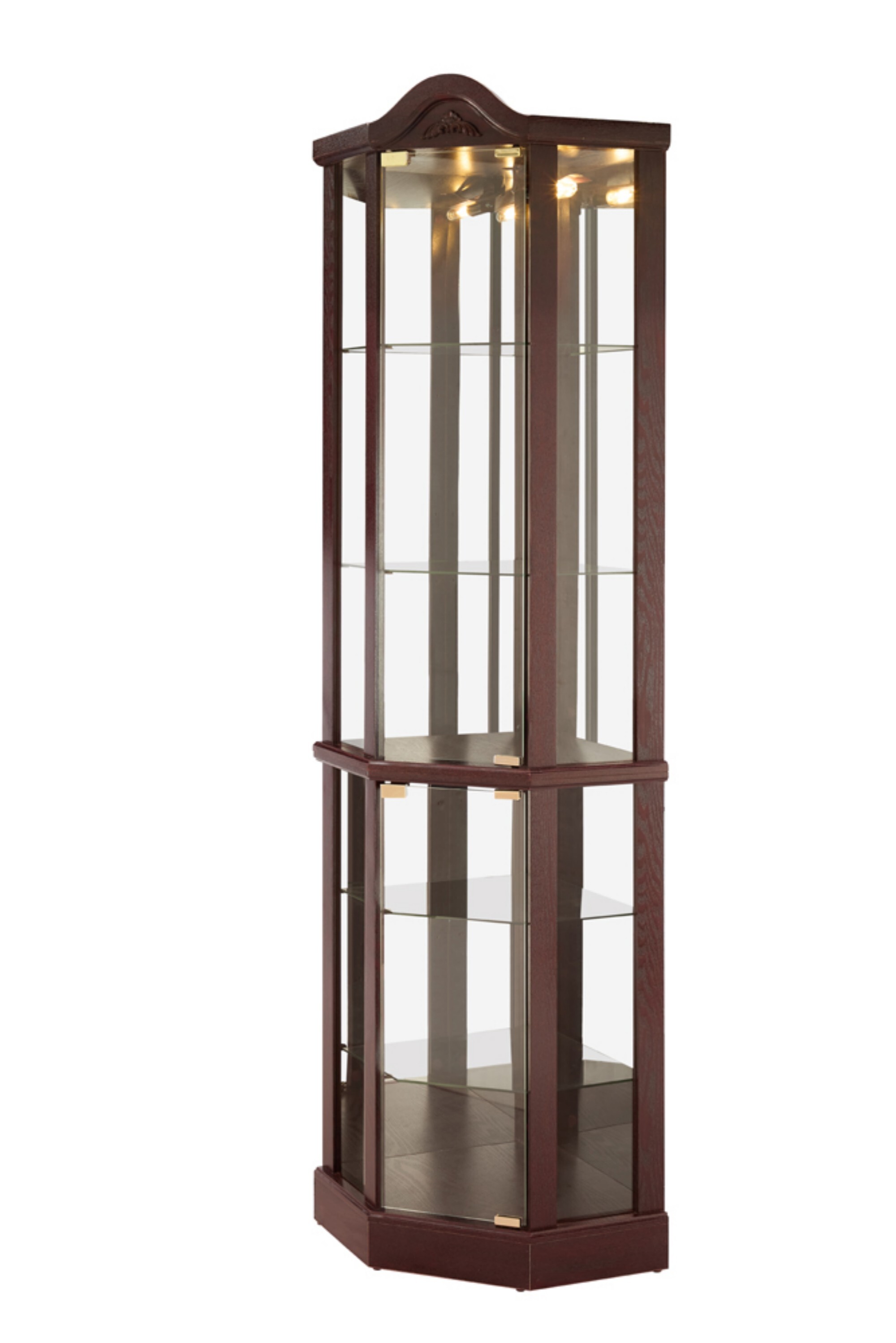 AENKYO Elegant Corner Curio Cabinet with Light Bulb & Adjustable Shelves, Glass Display Case for Collectibles, Cherry