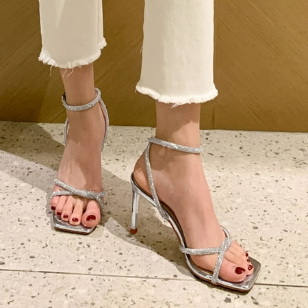 

PhoneSoap Fashion Spring And Summer Women Sandals High Heel Large Size Rhinestone Sequin Buckle Style Silver
