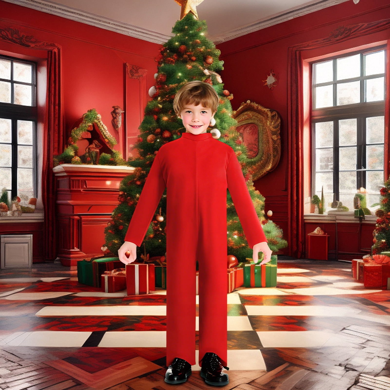Farfi Christmas Onesie Costume for Kids Gingerbread Man/Santa/Green Elf Cosplay Outfit Unisex Plush Bodysuit for Halloween Christmas Carnival Festival(Green, L)