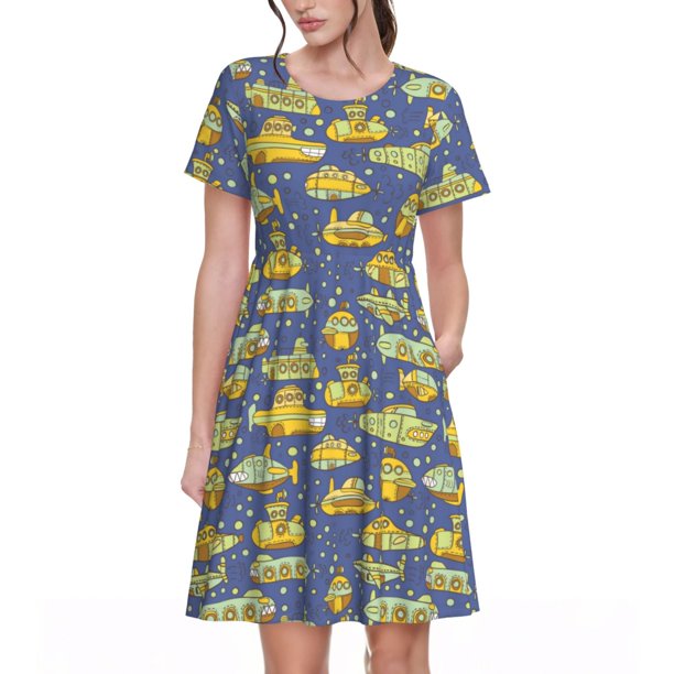 Balery Cartoon Submarines Vestidos sueltos de manga corta para mujer, vestidos de verano 2025, vestidos casuales de corte A con vuelo.