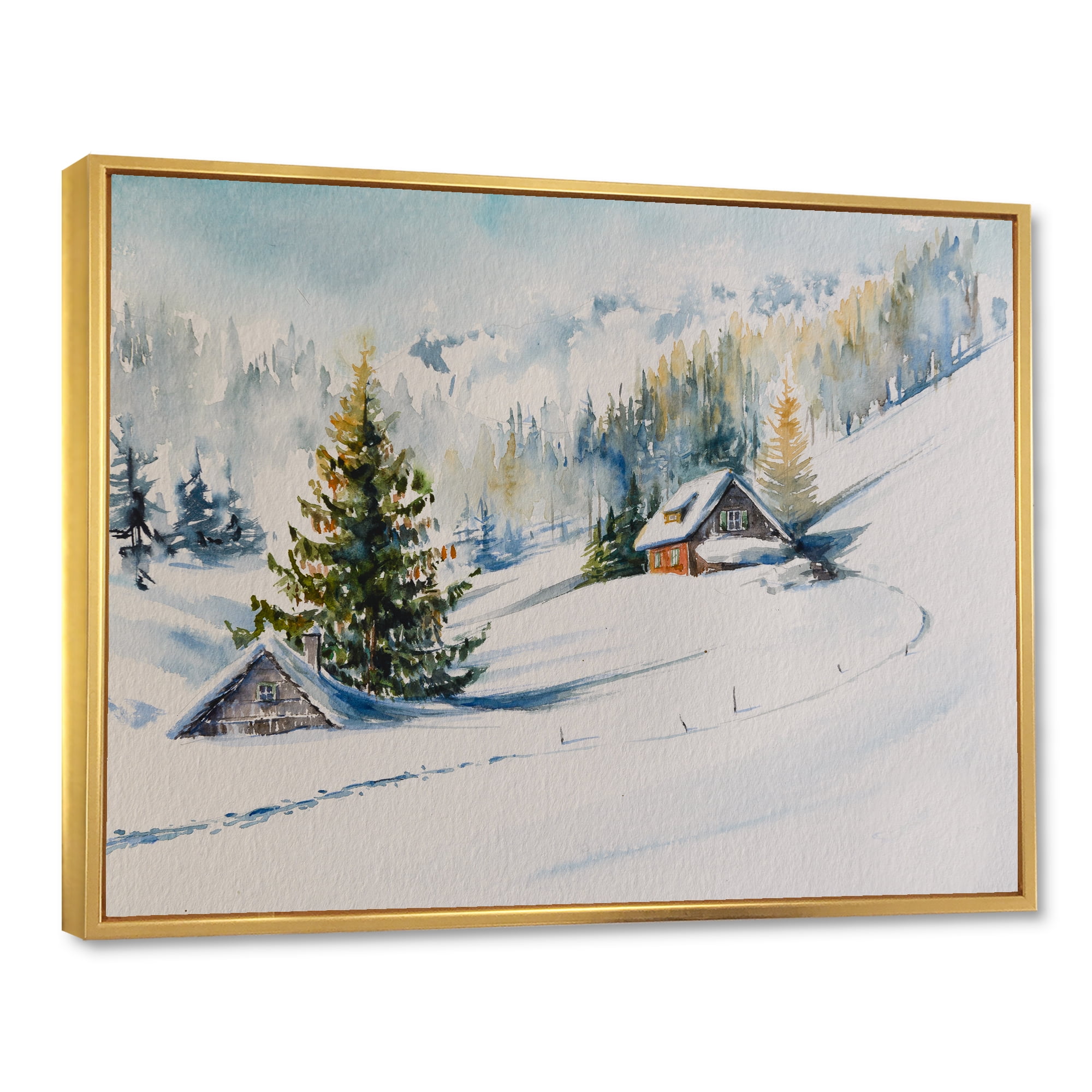 Designart 'The Winter Mountains With Little House' Traditional Framed Canvas Wall Art Print