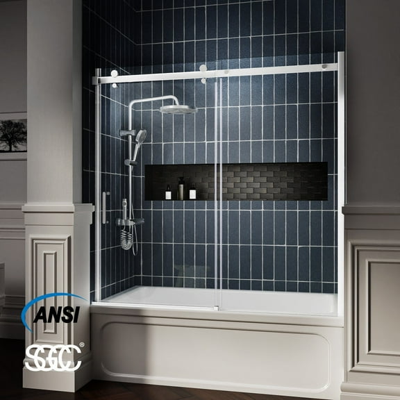 Zephyr 52-56" Semi-Frameless Single Sliding Tub Door,Chrome,Bypass Bathtub Shower Tempered Glass Door