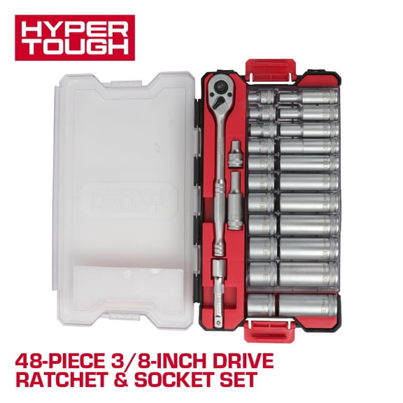 Hyper Tough 3/8-inch Drive Ratchet and Socket Set, SAE and Metric, 48 Pieces