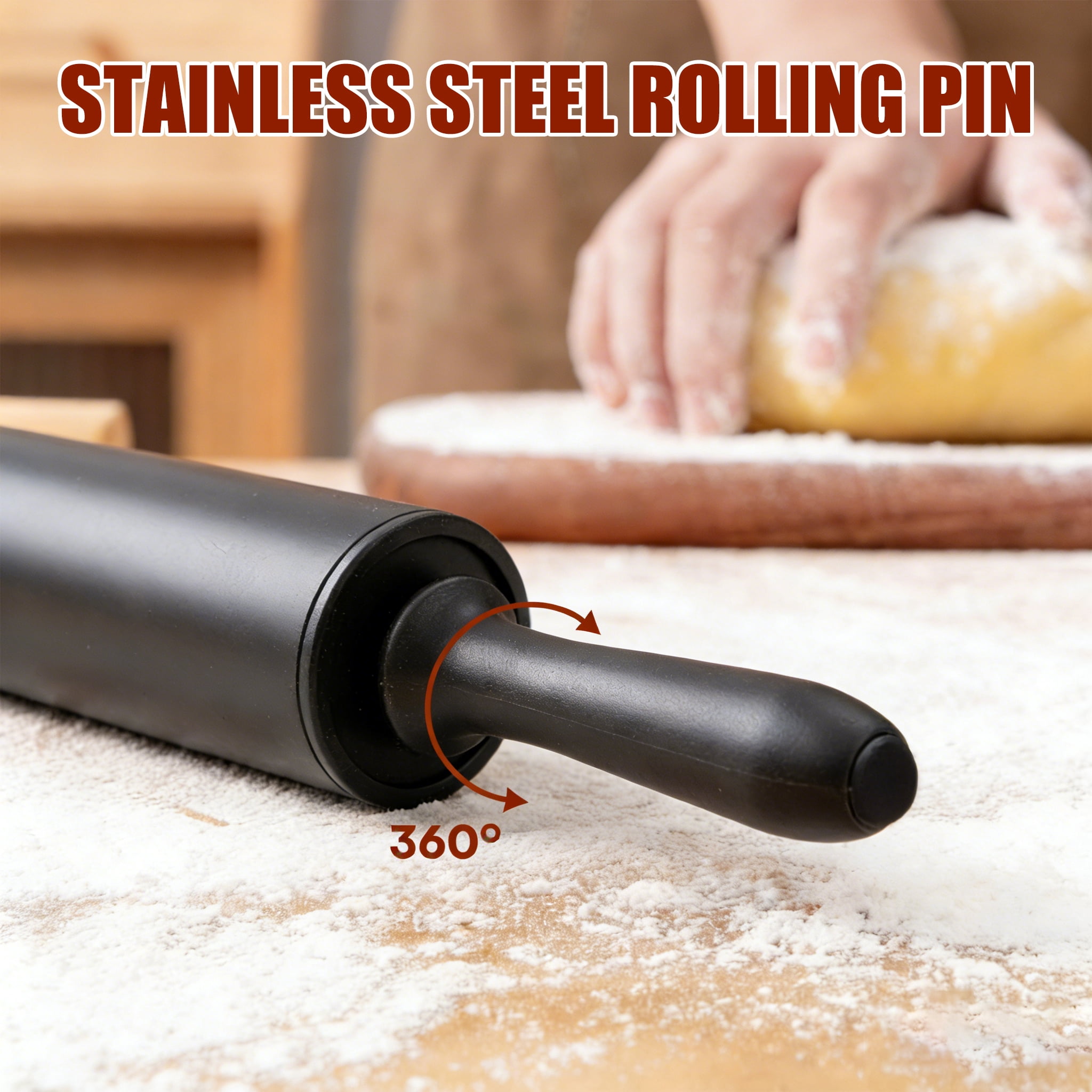 cisilov Rolling Pin, Adjustable Stainless Steel Rolling Pins with Thickness Rings for Baking, Dough Roller for Pizza, Pie, Pasta, Cookies, Cakes, Black