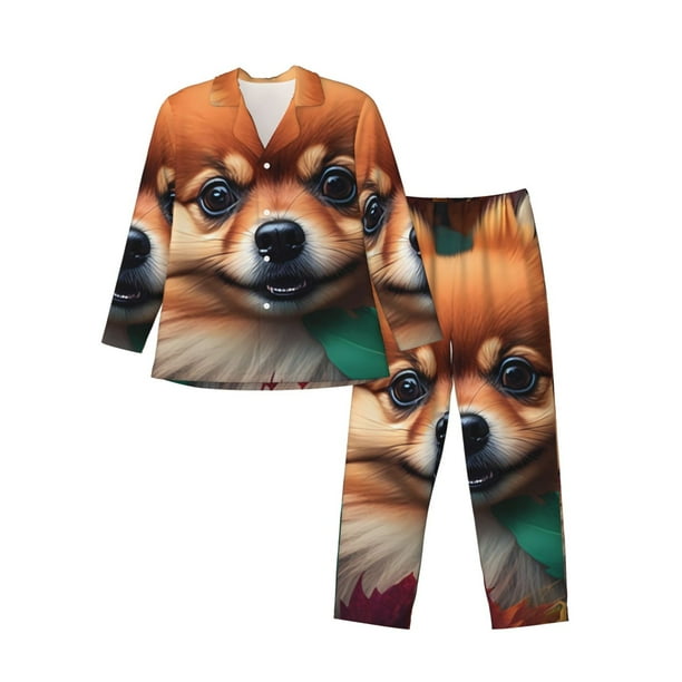 Fotbe Colorful Leaf Chihuahua Pijama de Hombre con Estampado de Manga Larga, Conjunto de 2 Piezas, Ropa de Dormir Suave y Cómoda con Bolsillos-Small