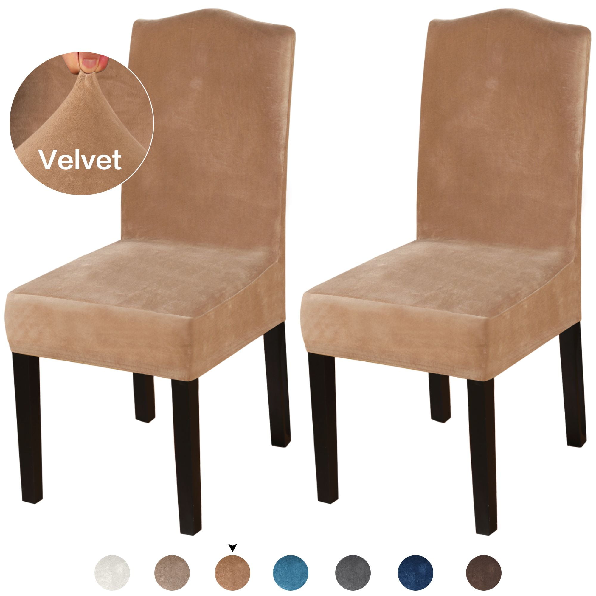 Beige, Set of 2 Premium Stretch DINING CHAIR Slipcovers Covers Thick Plush Knitted Fabric Chair Covers Seat Dining Room Kitchen Furniture Protector Easy Fit Elastic Spandex Removable Washable