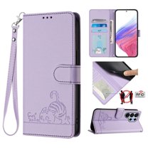 For Samsung Galaxy S26 Ultra 5G 6.9" RFID Blocking Protective Purse Case Cat Embossed Strong Magnetic Attachment/Closure, Card Slots/Pocket, PU Leather Flip Wallet Case With Hanging Rope,Purple