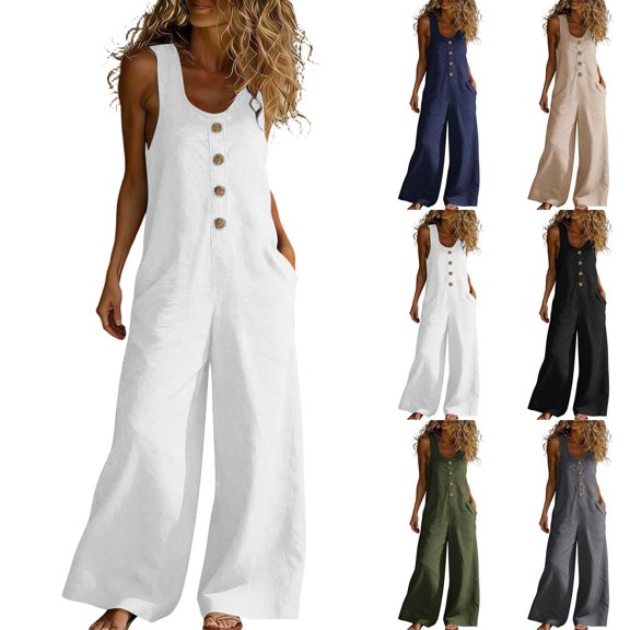 Purcolt Summer Jumpsuits for Women Button Down Sleeveless Casual Jumpers Loose Wide Legs Rompers Overalls with Pockets