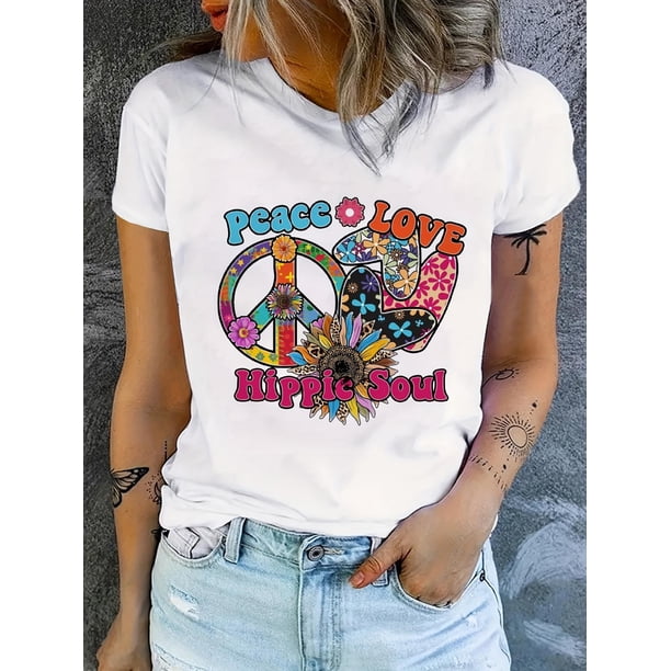 Hippie Soul Print T-Shirt, Short Sleeve Crew Neck Casual Top For Summer & Spring, Women's Clothing Tee For adult, Men, Women, Teen, Teenager, adolescent, Youth