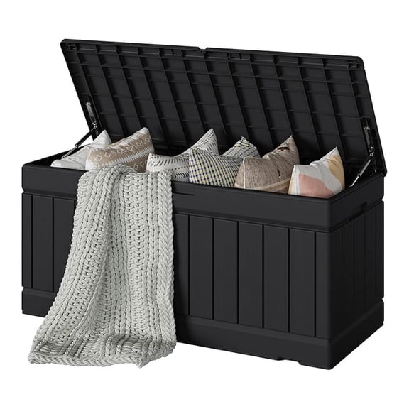 SONGMY 78 Gallon Deck Box, Waterproof Resin Outdoor Storage Box for Outside and Patio, Outdoor Storage Bench Lockable for Patio Furniture, Garden Tools and Pool Supplies (Black, 78 Gallon)