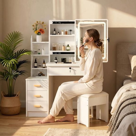 Vanity Desk with Sliding Mirror and LED Lights, Makeup Table with 4 Drawers