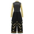 thumbnail image 4 of inlzdz Kids Girls Lyrical Praise Dance Outfit Long Sleeve Irregular Hem Worship Gold Trim Dress with Wide Leg Pants Black 6, 4 of 5