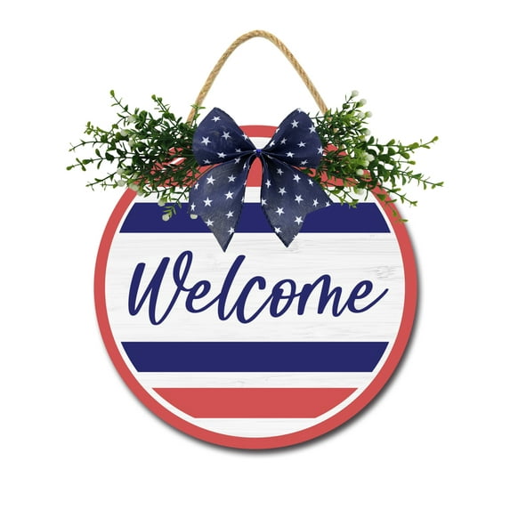 Eveokoki Patriotic Welcome Front Door Sign Funny Wreaths Hanging Wooden Plaque Decoration Round Rustic Wood Farmhouse Porch Decor for Home Front Door Decor, 12 x 12 Inch