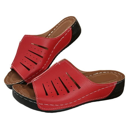 

Jungdeepe Ladies Summer Retro Solid Colour Hollow Fish Mouth Slope With Thick Bottom Beach Large Size Sandals Slippers