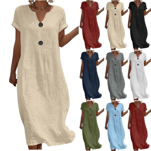 Zormilly Summer Dresses for Women 2026 Cotton Linen Short Sleeve Casual V Neck Midi Dress with Button Vacation Beach Sundress, S-2XL