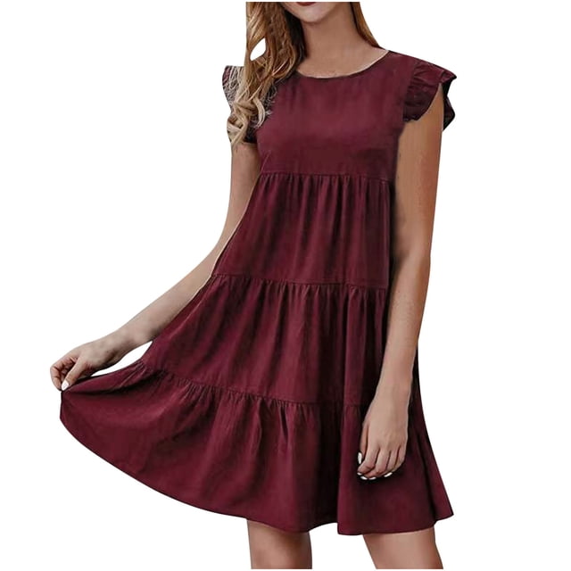 Vestido plisado de pastel de patchwork liso con cuello redondo y manga corta informal para mujer Pompotops ghjkhdj13501