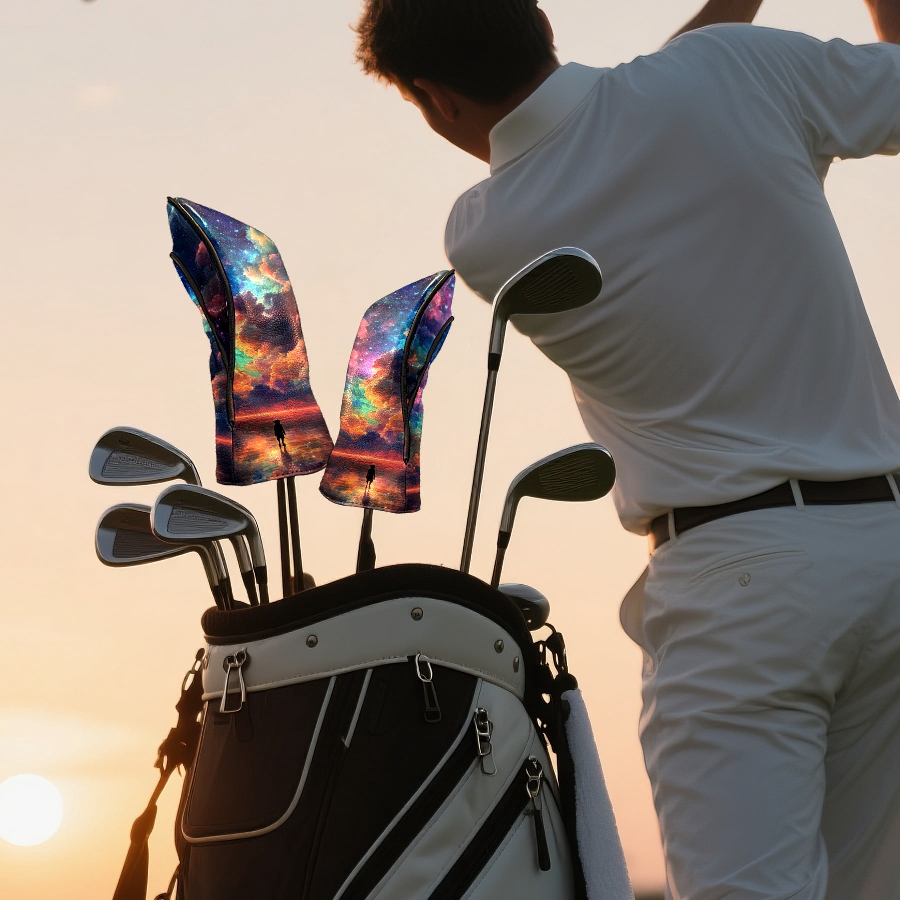 Golf Head Covers - Colorful Sky Design, Premium Waterproof PU Leather, Plush Lining, Fits Driver/Hybrid, Abstract Golf Gift