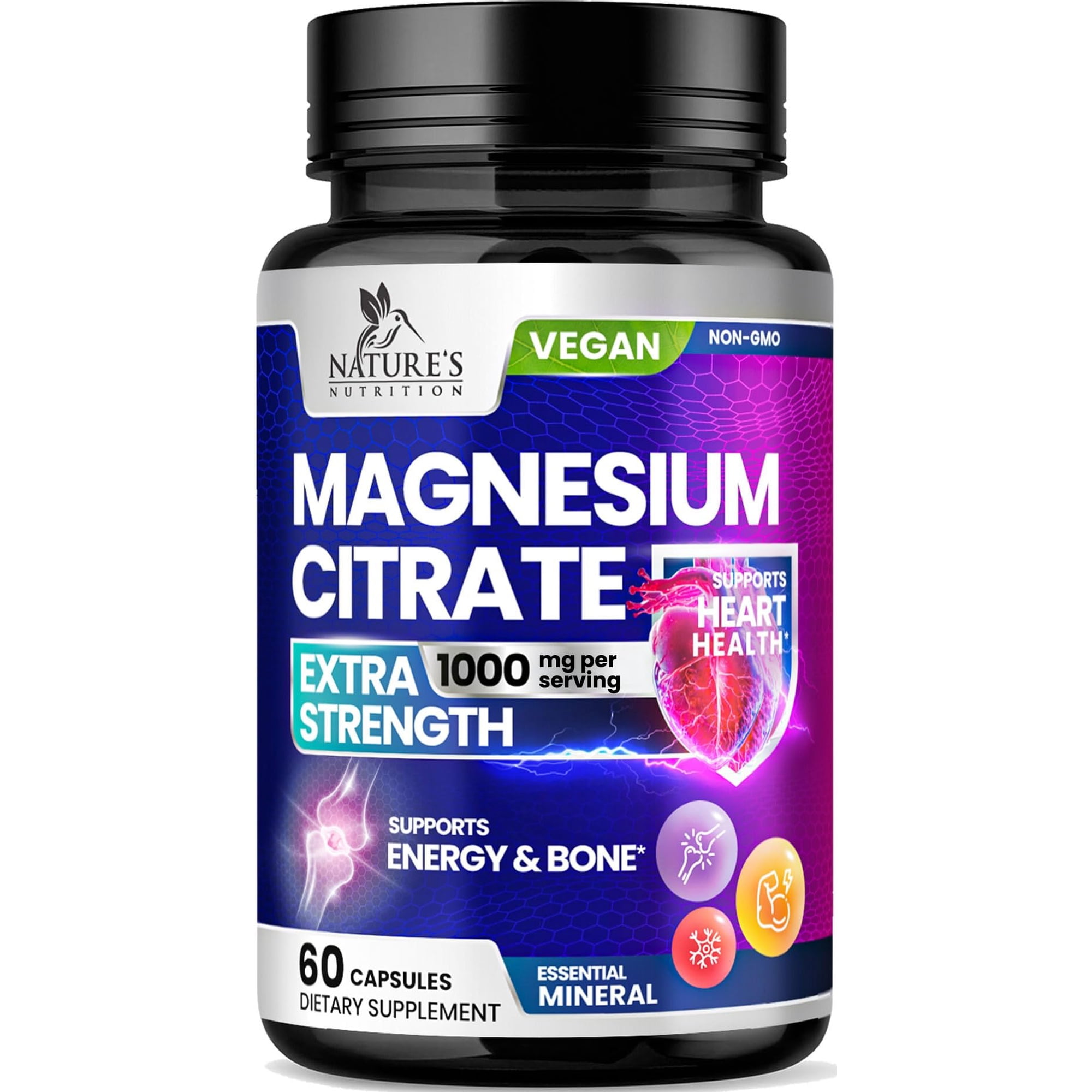 Magnesium Citrate 1000mg Per Serving - 3X Strength Magnesium Supplement for Bone, Muscle, Heart, Natural Sleep Support for Men & Women, Vegan Mag Mineral Pills, Non-GMO, Bottled in USA - 60 Capsules