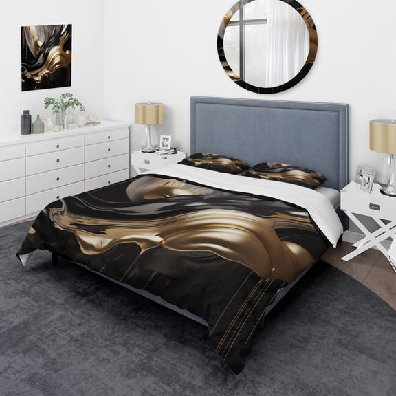 Designart "Captivating Marble Gold and Black II" Abstract Marble Bedding Covert Set - Modern Gold Abstract Bed Set With 2 Shams