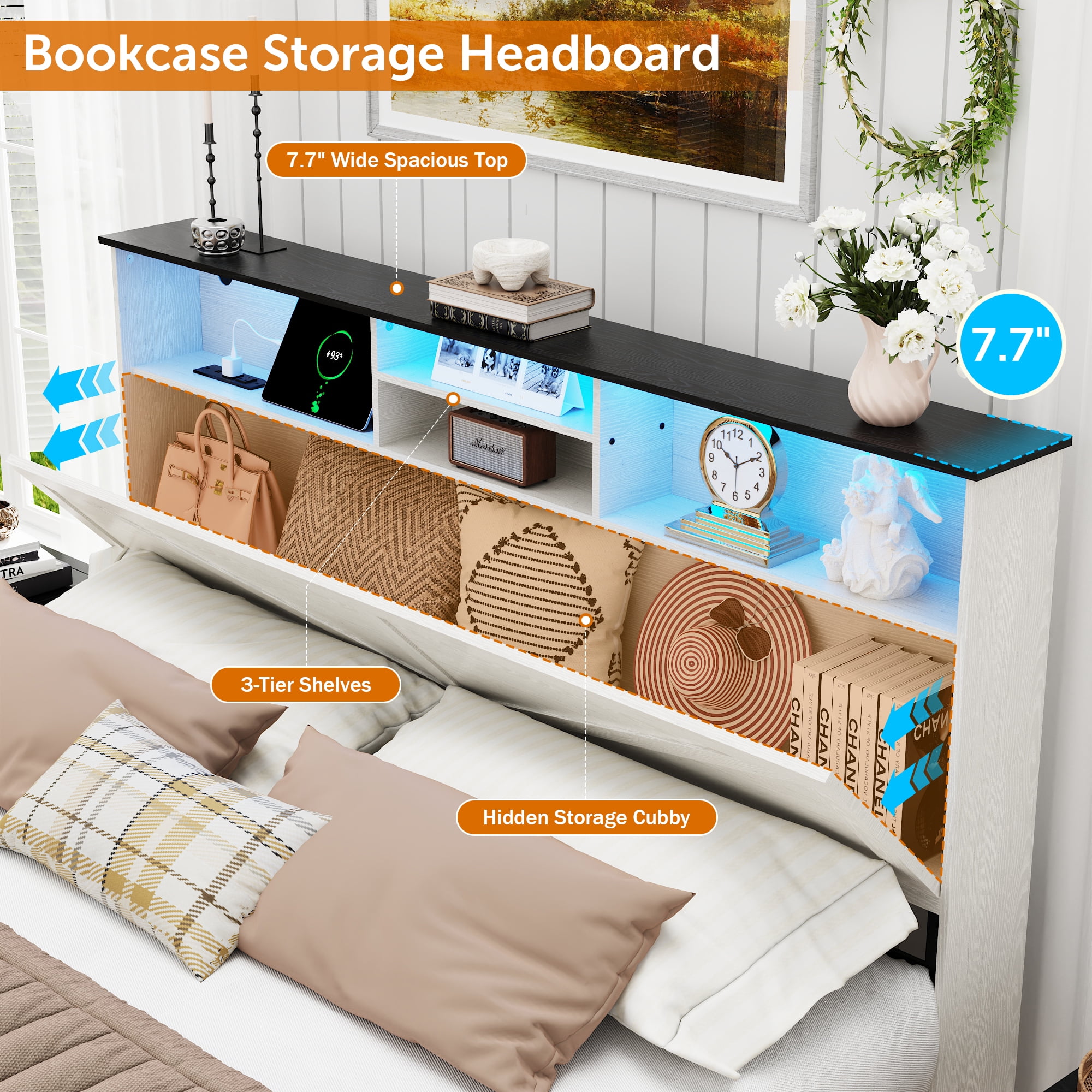 Miniyam Farmhouse Queen Size Bed with LED Headboard, Bookcase Storage, USB & Type-C Charging Station, Sliding Barn Door Footboard for Adult, White