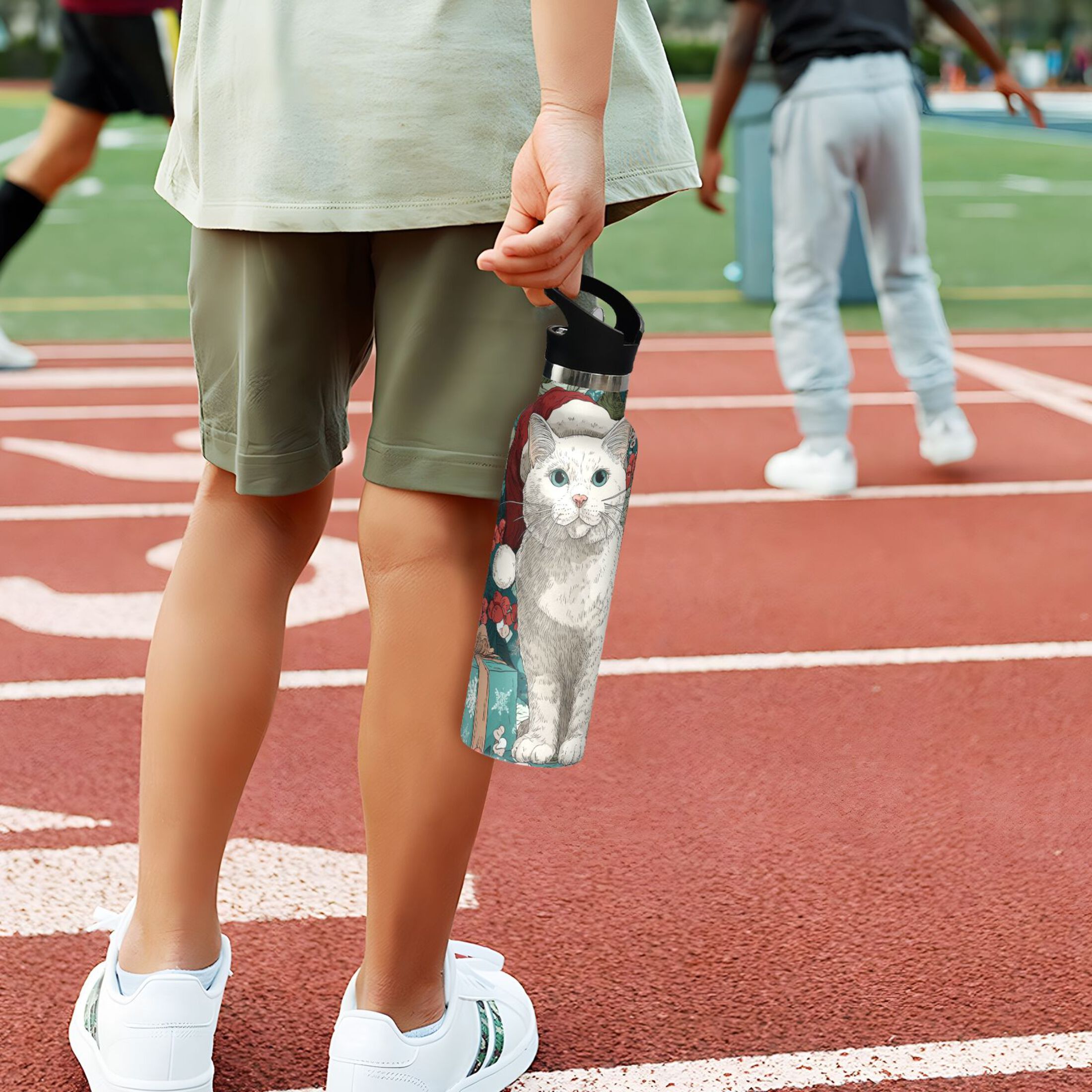 600ML Stainless Steel Insulated Cup Sports Water Bottle Portable Thermos Cup Water Glasses Insulated Tumblers Convenient and Durable Warm Christmas White Cat