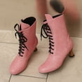 thumbnail image 3 of Ankle Boots for Women Lace up Round Toe Kitten Heel 70s Witch Booties Vintage Leather Fall Winter Mid Calf Dress Boots Pink Size 6.5, 3 of 6