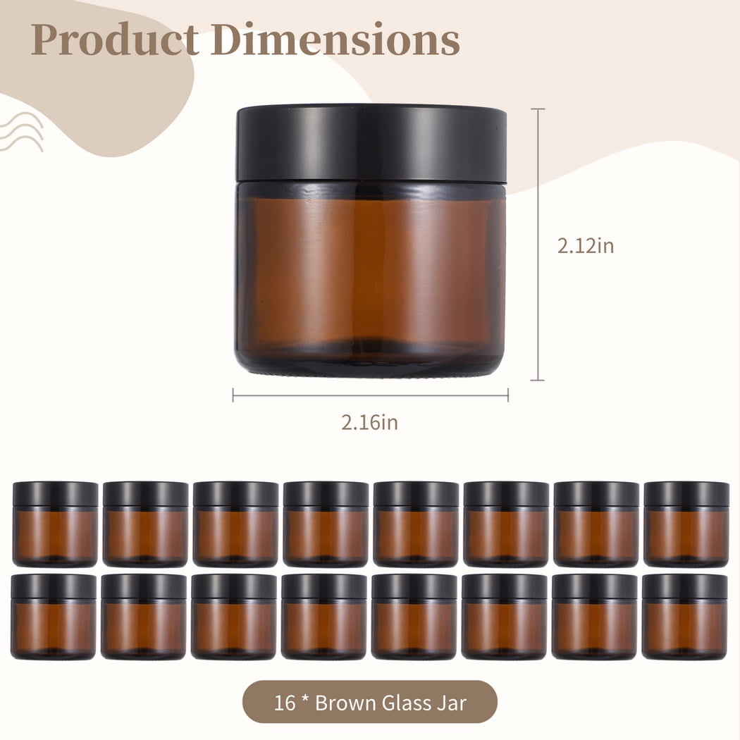 16 PCS Brown Glass Jars, 60ml Brown Glass Ointment Jars with Screw-on Lids, Travel Cream Glass Jar, Mini Leakproof Glass Jar with Lid, Airtight Container for Skin Care Cosmetic, Coffee, Tea