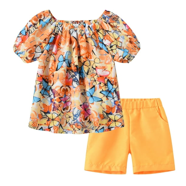 Odeerbi 1-7 Años Niñas Conjunto de Verano de Algodón Floral de Manga Corta Conjunto de Pantalones Cortos Juegos de Dos Piezas