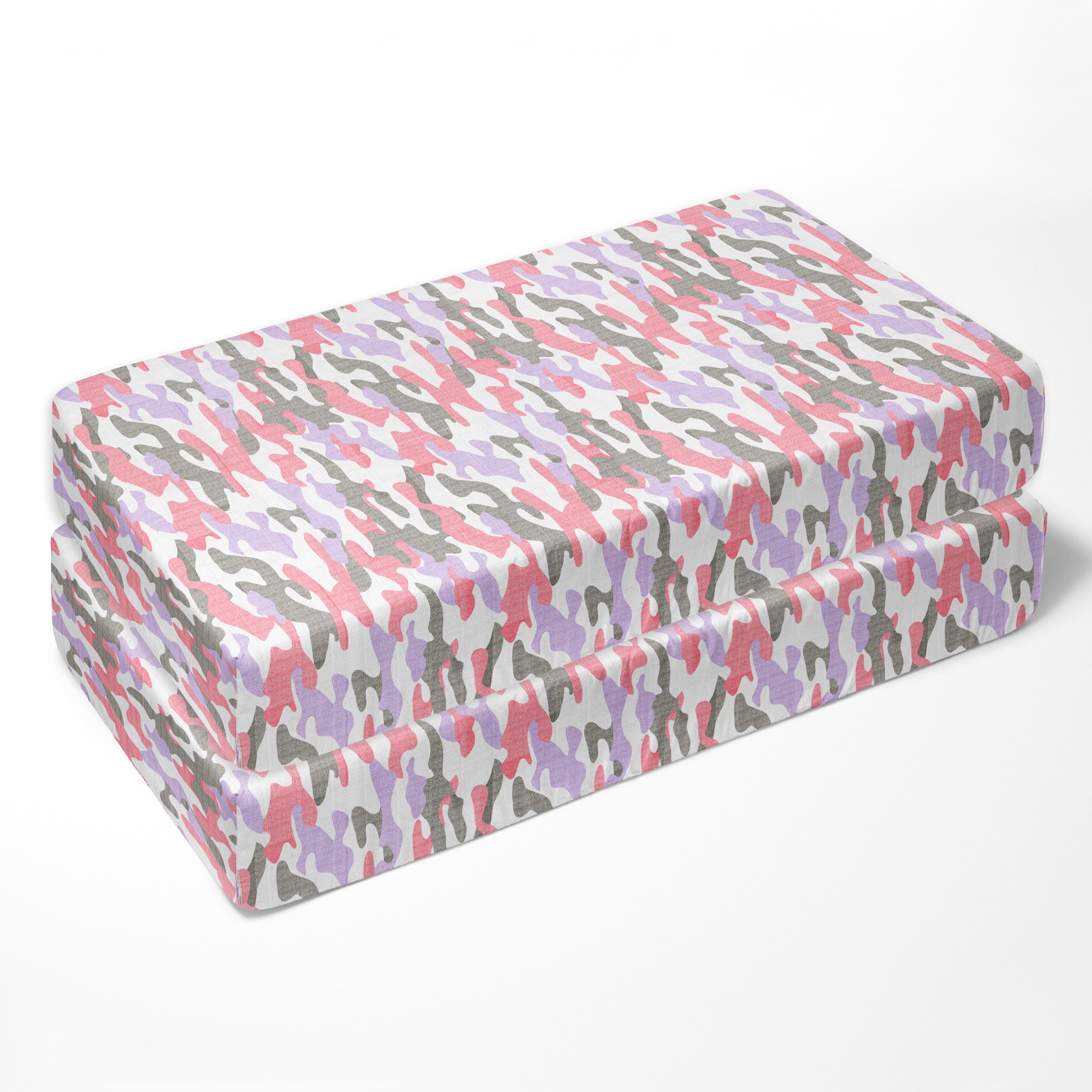 Bacati - Girls Camo Coral Lilac Gray Muslin Crib or Toddler Bed Fitted Sheet
