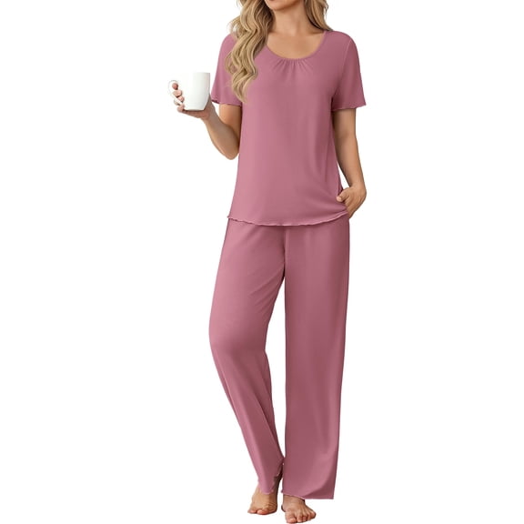 Ekouaer Womens Pajama Sets Viscose from bamboo Lounge Set Soft Pajamas for Women Set Short Sleeve and Long Pants Sleepwear