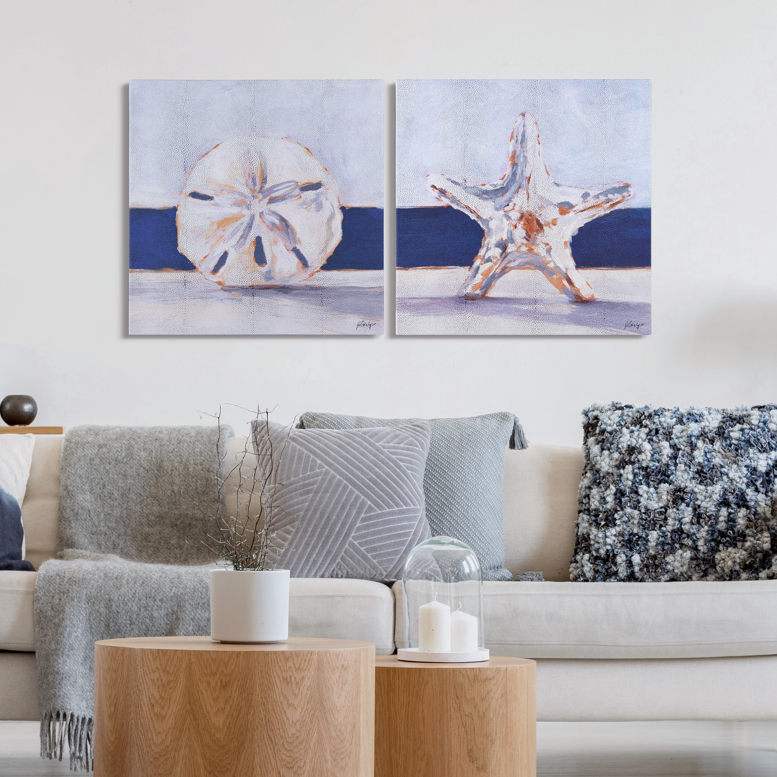 "Coastal Serenity I & II", Beach-themed Artwotk on Silver Metallic Shagreen Wrapped Canvas Wall Art Set, sized 22"x22"