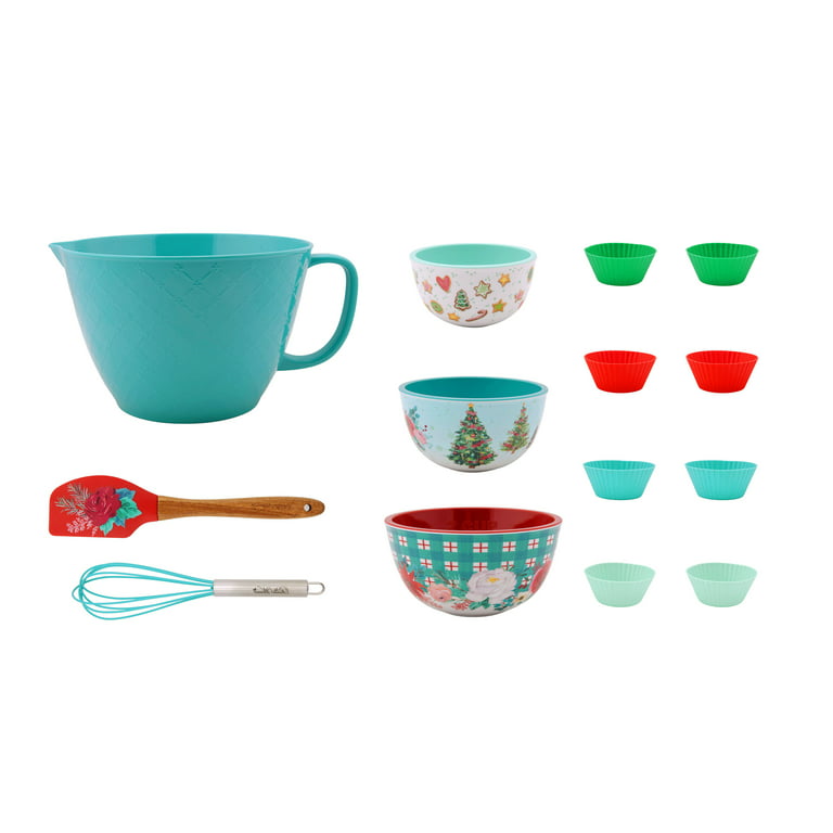 The Pioneer Woman Silicone Kitchen Utensils & Mixing Bowl Set, 14-Pieces,  Teal, Wishful Winter, with Whisk, Spatula, 8 Cupcake Liners 