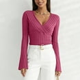 thumbnail image 4 of zaveiop Women's Long Sleeve Bodysuit Tops Wrap V Neck Ribbed Knit Jumpsuit (Hot Pink, M), 4 of 9
