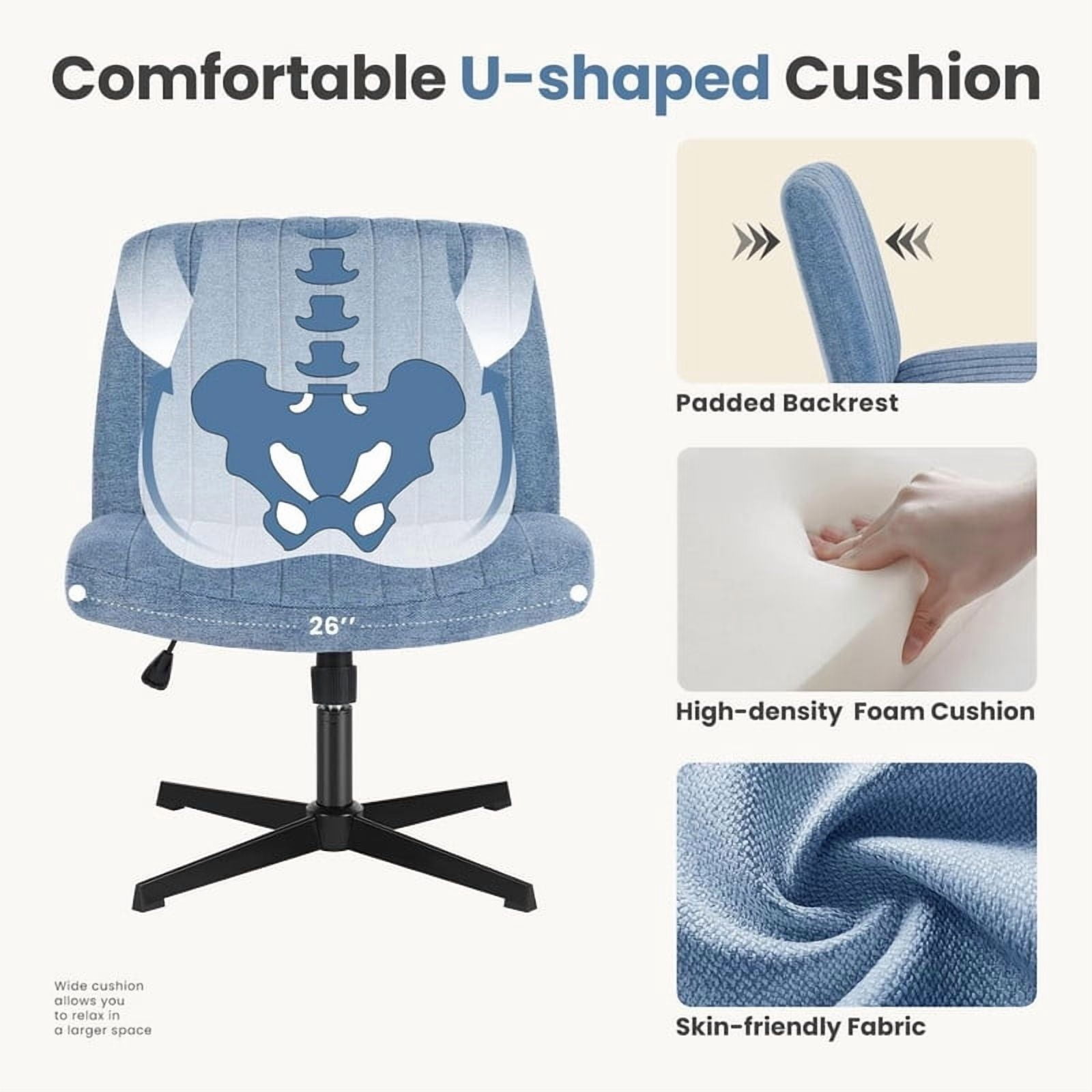 Kelno Linen Cross Legged Desk Chair Wide Seat Chair Ergonomic Height Adjustable Swivel Office Vanity Chair, Blue