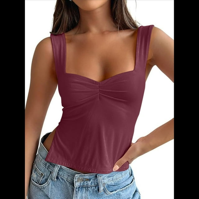 Tops Cortos para Salir de Mujer, Camisetas Sin Espalda, Camisetas de Verano Y2K, Ropa Básica para Adolescentes, Ropa , Color Vino Tinto M