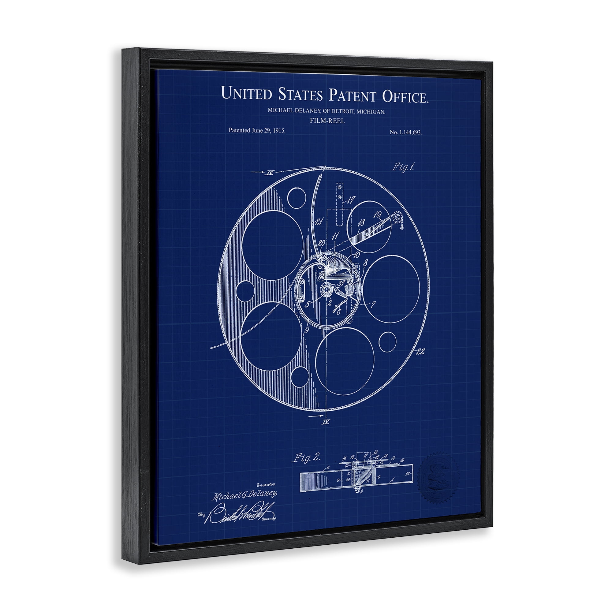 Stupell Industries Film Reel Blueprint Typography Painting Black Floater Framed Art Print Wall Art, 25 x 31
