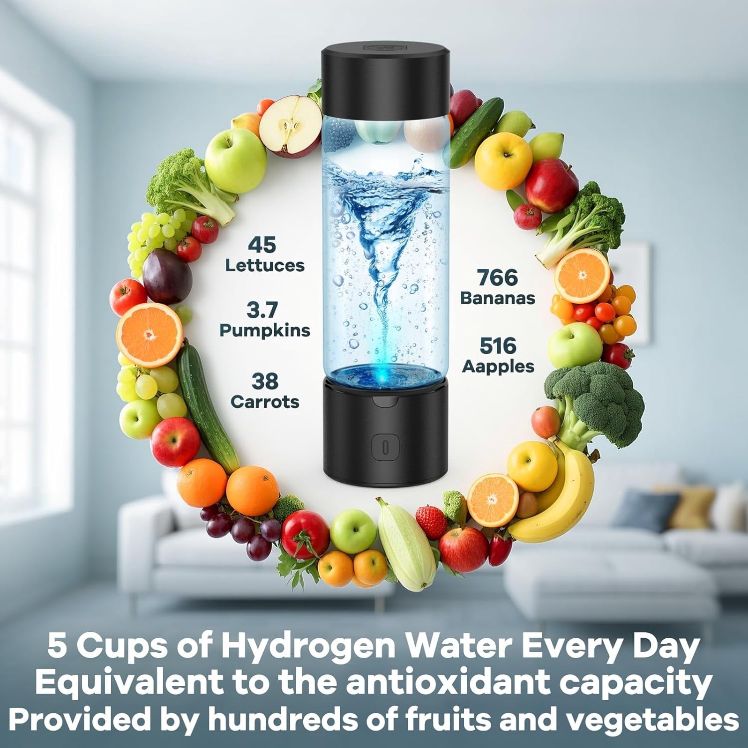 LC-dolida Hydrogen Water Bottle, 460ml Portable SPE/PEM Tech Hydrogen Water Machine with LED Light, 1800PPB Hydrogen Concentration for Home Office Gym Travel (Black)