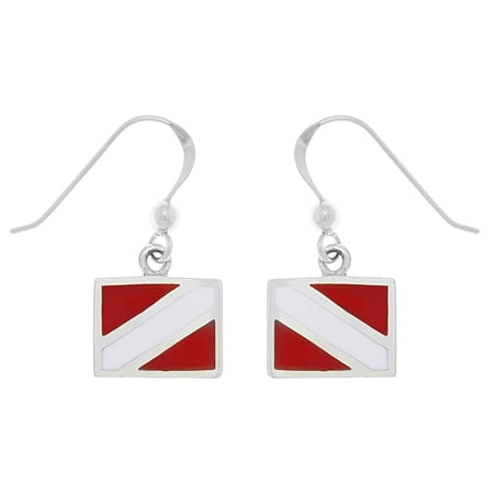 Jewelry Trends Sterling Silver Scuba Diver Down Flag Red Enameled Diver Down Dangle Earrings