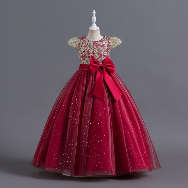 Vestido de niña Vestido de novia sin mangas con lentejuelas para niñas de talla mediana y grande Vestido de niña de flores Vestido de princesa de actuación Vestido largo hasta el suelo