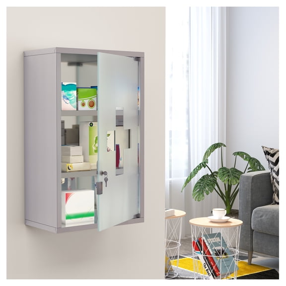 12x20 Inch Medicine Cabinet, Lockable Stainless Steel Wall Mount Medical Box - 3 Tier Shelves with Keys for Bathroom, Clinic, Pharmacy