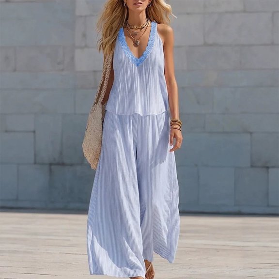 Morttic Women's Striped 2 Piece Set – Lace Trim V-Neck Sleeveless Top & Wide Leg Pants, Boho Summer Vacation Casual Outfit Sky Blue,S
