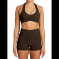 thumbnail image 1 of Conjuntos Entrenamiento para Mujer 2 Piezas,Sujetador Deportivo con Cuello Halter y Arrugas,Pantalones Cortos Ciclista Cintura Alta,Ropa Ejercicio para Gimnasio Yoga Marrón XL, 1 of 9