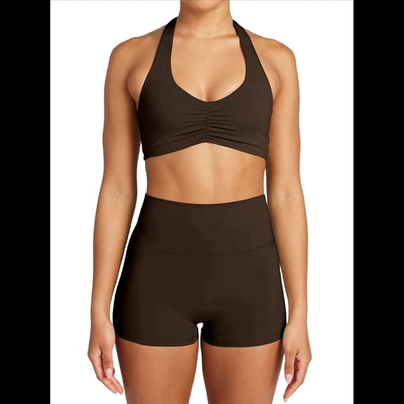 Conjuntos Entrenamiento para Mujer 2 Piezas,Sujetador Deportivo con Cuello Halter y Arrugas,Pantalones Cortos Ciclista Cintura Alta,Ropa Ejercicio para Gimnasio Yoga Marrón XL