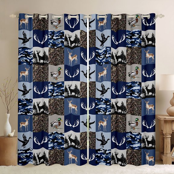 Feelyou Deer Duck Black Out Curtains, Blue Plaid Curtains Pack of 2 (42x63 Each)