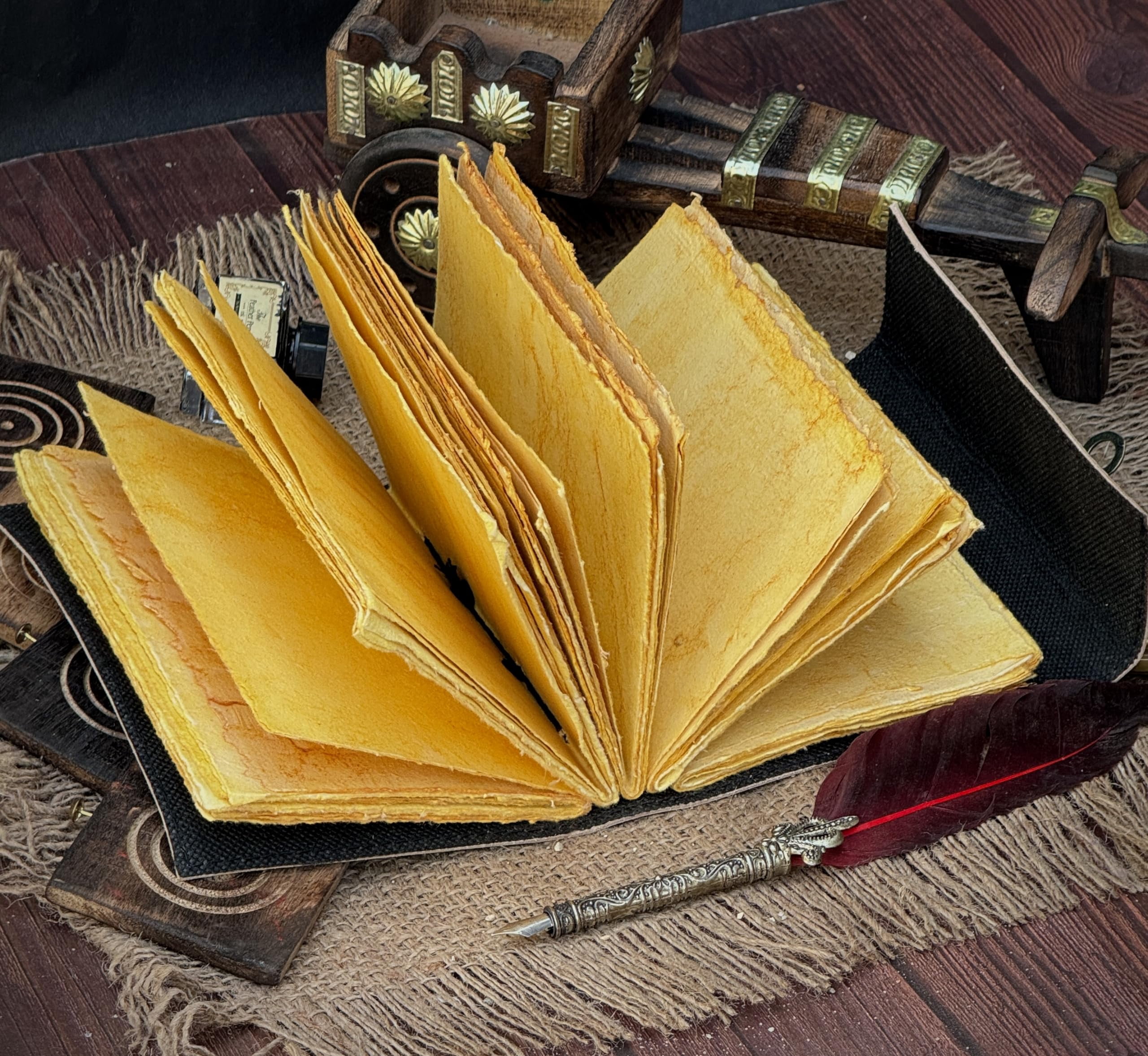 Wizards Leather Journal With Yellow Semi-Precious Stone and FlyingKey Embedded Backside - Vintage Leather Journal - Book of Shadows - Blank Spell Book - Grimoire Wiccan Supplies Witchcraft Antique