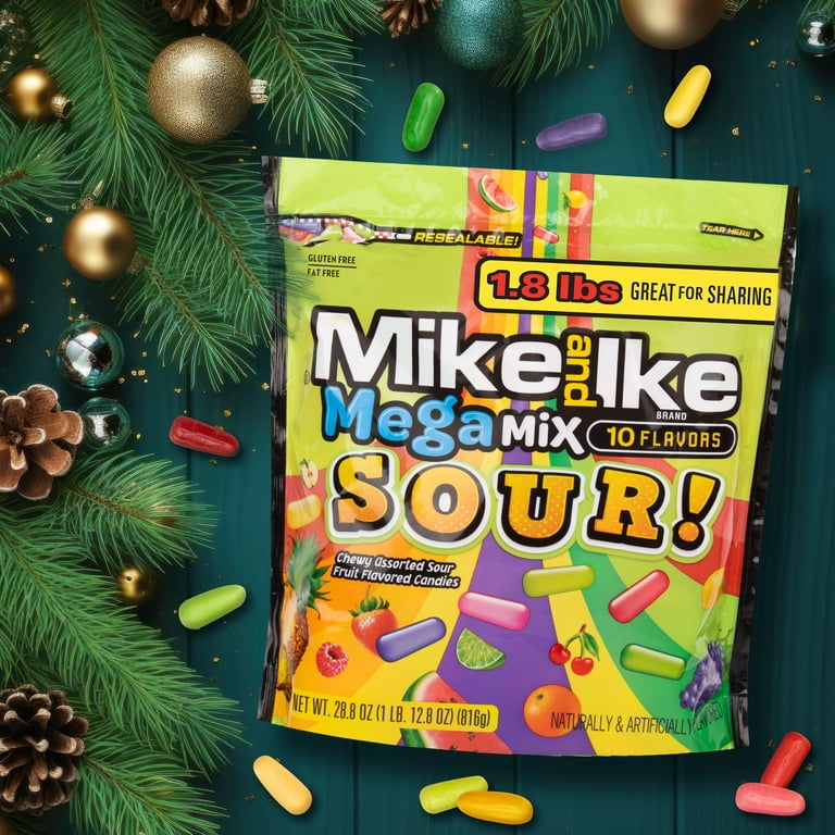 MIKE AND IKE, Chewy Candy, 28.8 oz Stand Up Bag, SOUR Mega Mix