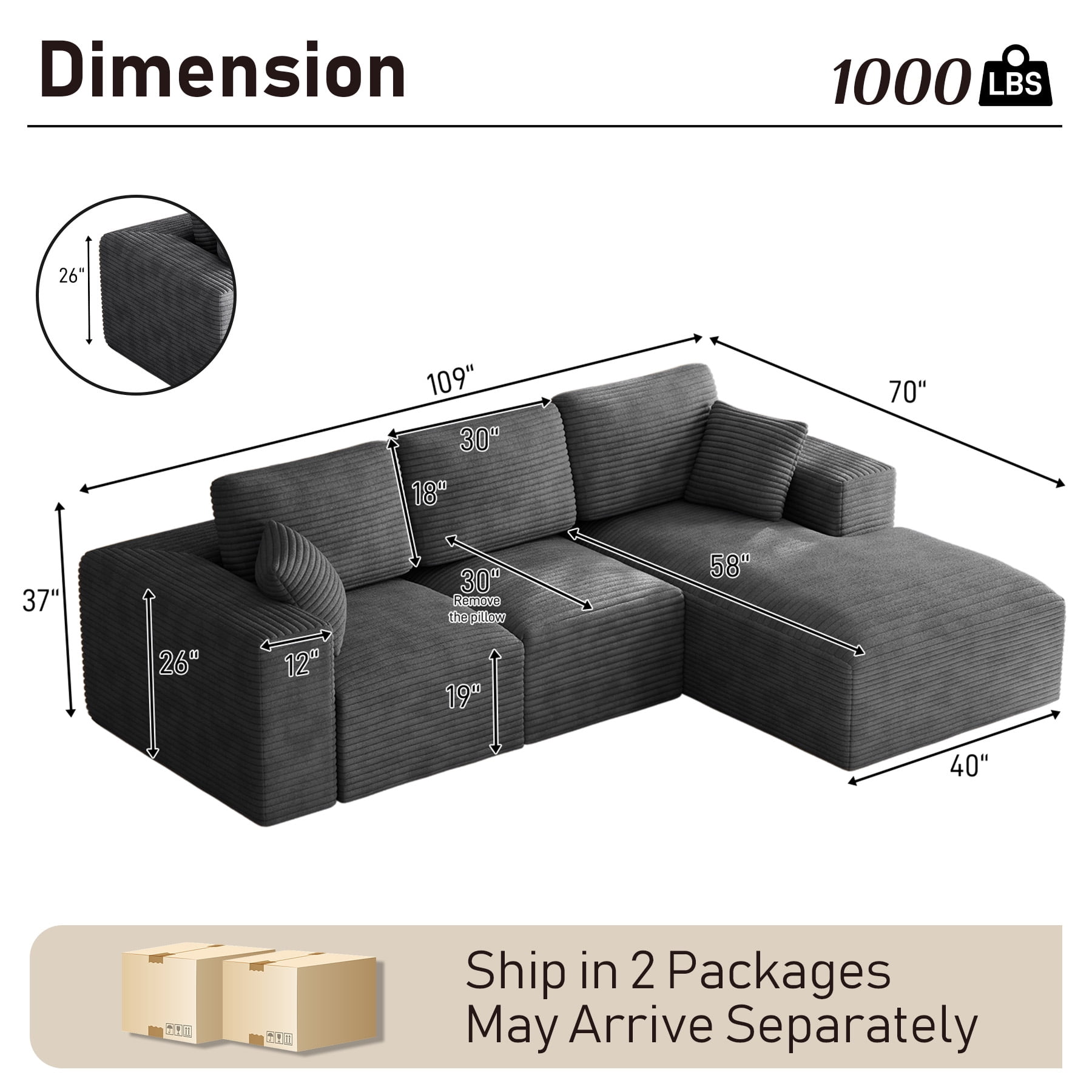 Wiilayok 109" Cloud Sectional Couch with L-Shape Chaise,Modern Modular Sofa with Deep Seat, Comfy Boneless Upholstered Couches for Living Room Bedroom,Deep Gray