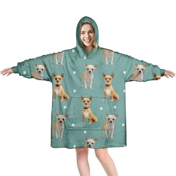 Chihuahua and Footprints Wearable Oversized Blanket,Wearable Blanket Hoodie for Adults,Cozy Hooded Blankets with Super Pockets,Super Warm Fuzzy Pullover for Women & Men