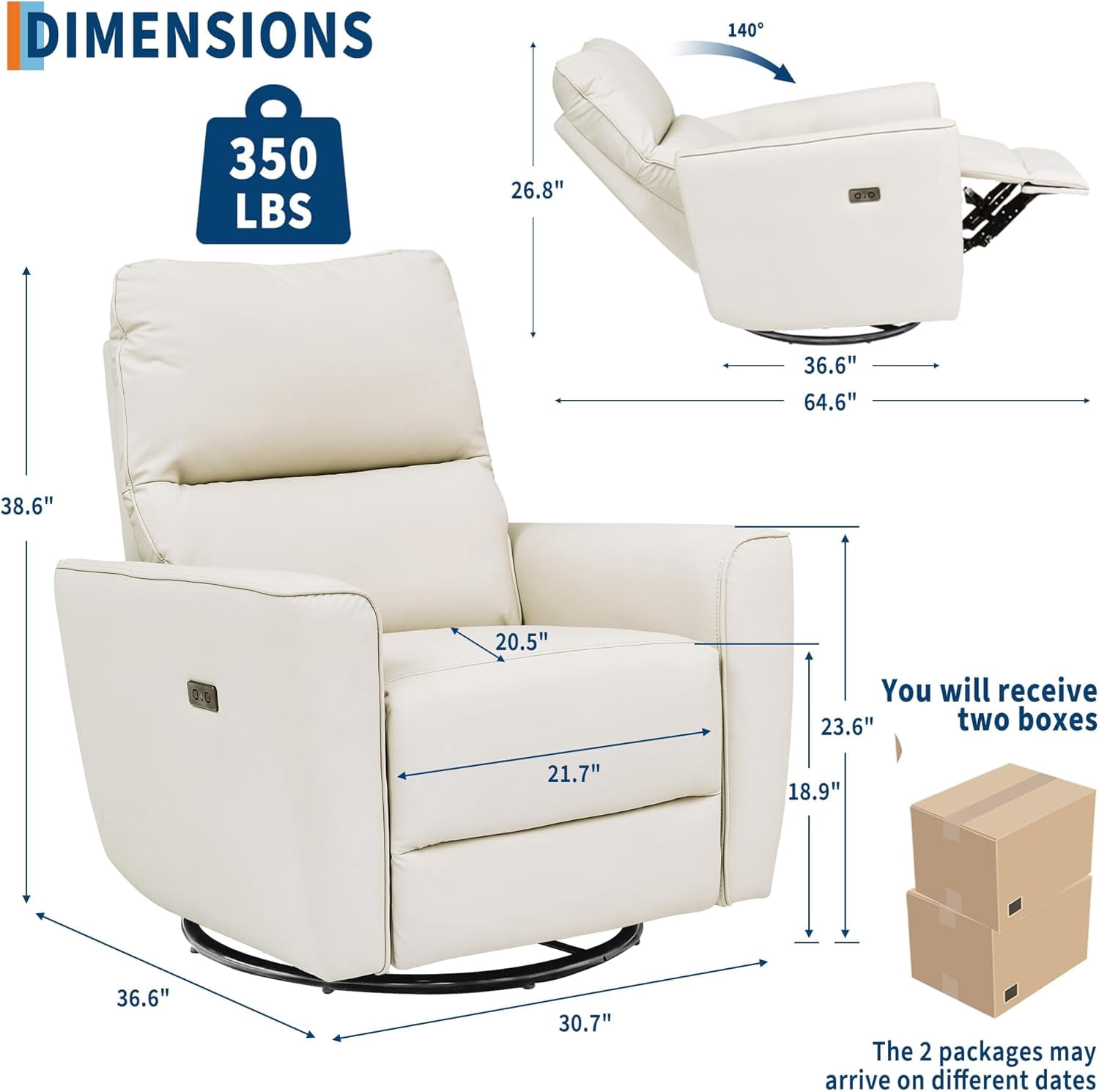 Power Recliner Chair 270° Swivel Rocking Glider with USB Port PU Leather Upholstered Nursery Chair with Adjustable Backrest for Living Room Office Home Theater and Nursery
